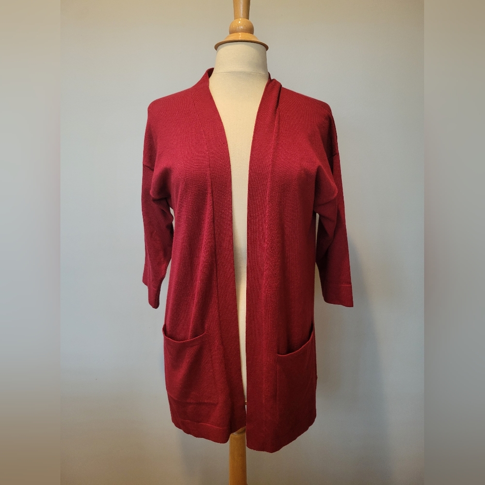 Galeries Lafayette Maroon 3/4 Length Sleeve Open Front Cardigan SZ XS